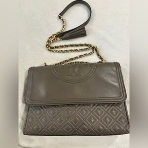 Tory Burch Fleming Taupe Quilted Leather Crossbody Shoulder Bag